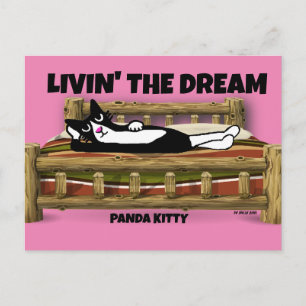 TUXEDO CAT ART, RELAXING IN BED PANDA KITTY   POSTCARD