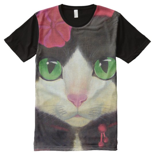 Tuxedo Cat Black All Over Printed Panel T-Shirt
