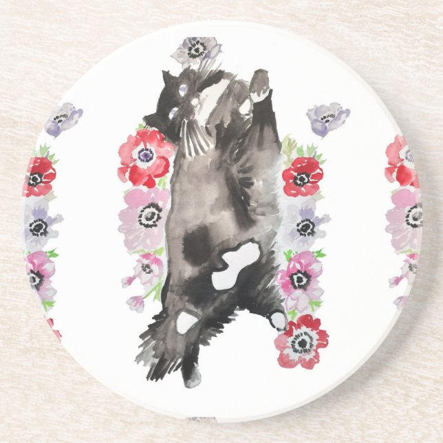 Tuxedo Cat Black and White Cats floral pink Coaster (Front)