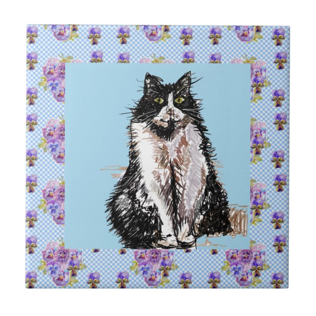 Tuxedo Cat Black and White Cats Happy Tile (Front)