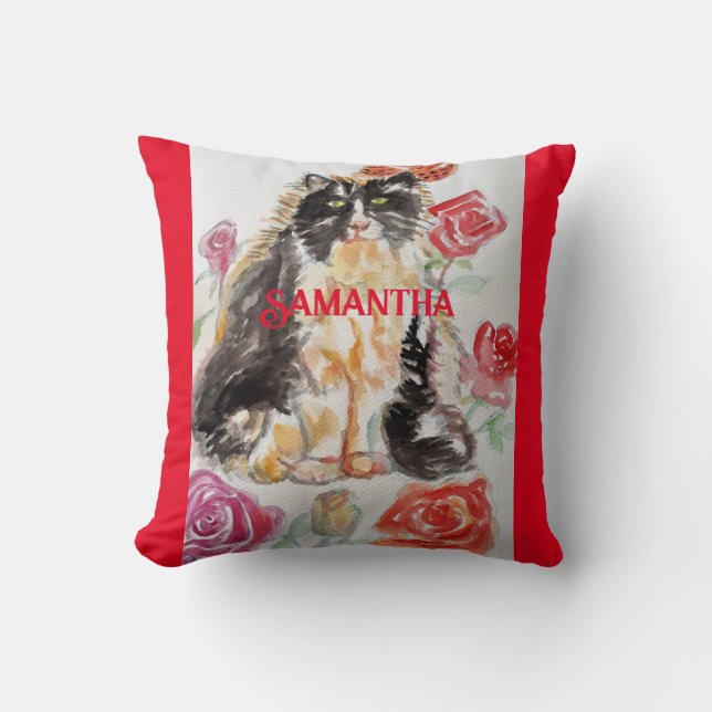 Tuxedo Cat Black and White Childs Name Decoration Throw Pillow (Front)