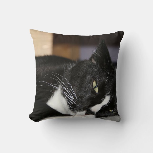 tuxedo cat black and white lying down one eye open throw pillow (Front)