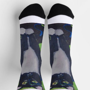 Tuxedo cat black/white athletic sock large 