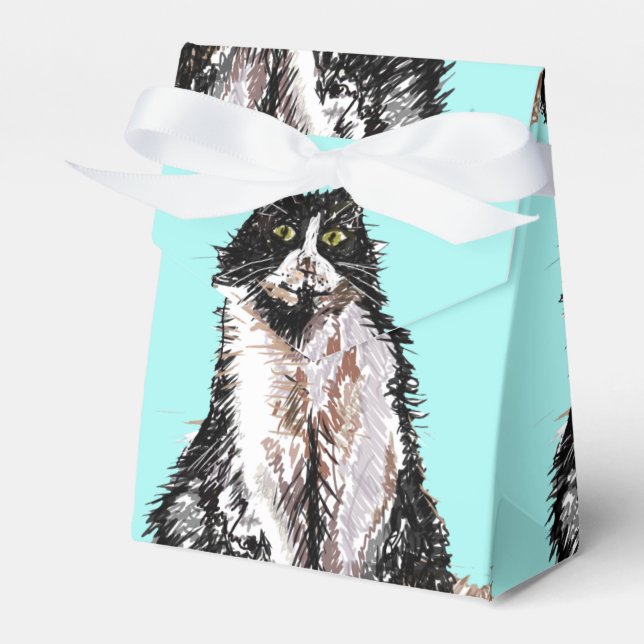Tuxedo Cat Black White Cats Birthday Turquoise Fav Favor Box (Front Side)