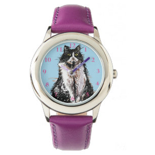 Tuxedo Cat Black White Cats Cute Pet Pink Girls Watch