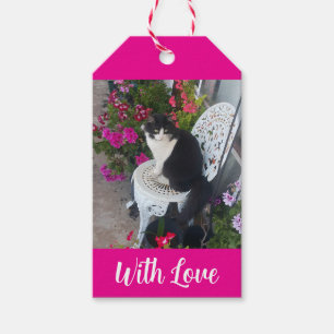Tuxedo Cat Cats and Flowers Girls Name Dark Pink Gift Tags