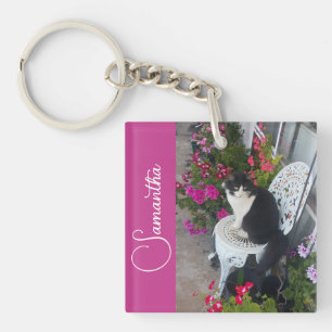 Tuxedo Cat Cats and Flowers Girls Name Dark Pink Keychain