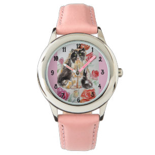 Tuxedo Cat Cats Art Animal Childs Girls Cute Pink Watch
