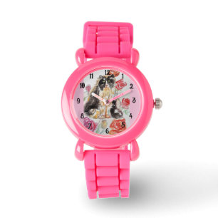 Tuxedo Cat Cats Art Animal Childs Girls Cute Pink Watch