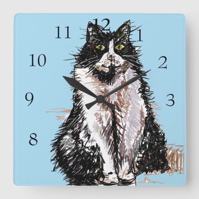 Tuxedo Cat Cats Art Animal Childs Nursery Room Squ Square Wall Clock (Front)