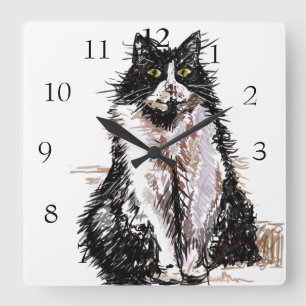 Tuxedo Cat Cats Art Animal Childs Nursery Room Square Wall Clock