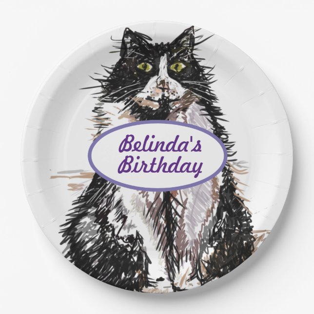 Tuxedo Cat Cats Black White Birthday Party Plate (Front)