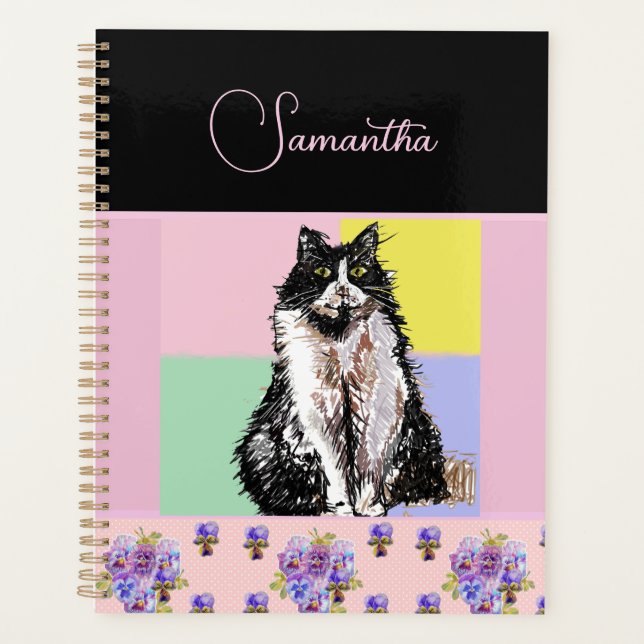 Tuxedo Cat Cats Pastel Pink Girls Customizable Planner (Front)