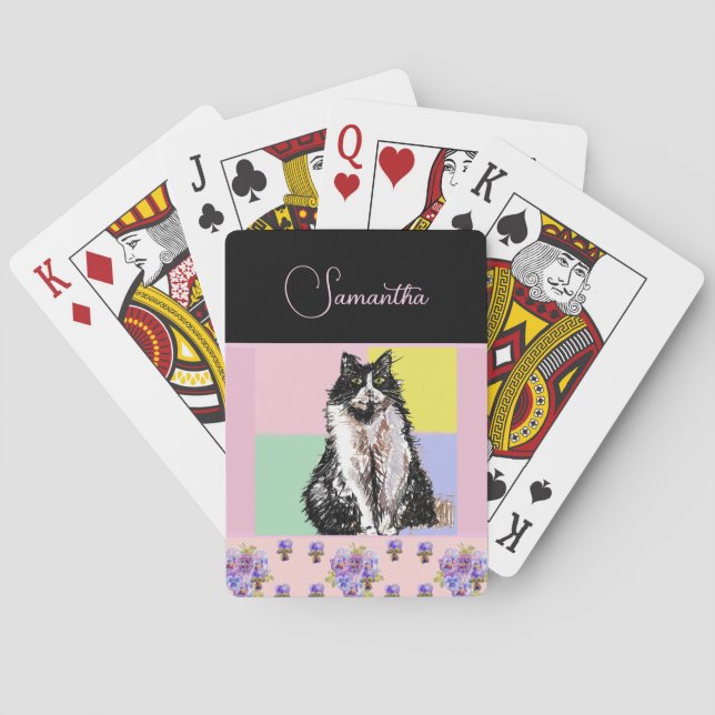 Tuxedo Cat Cats Pastel Pink Girls Customizable Playing Cards (Back)
