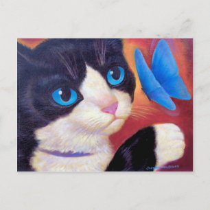 Tuxedo Cat Chasing Butterfly Painting Postcard