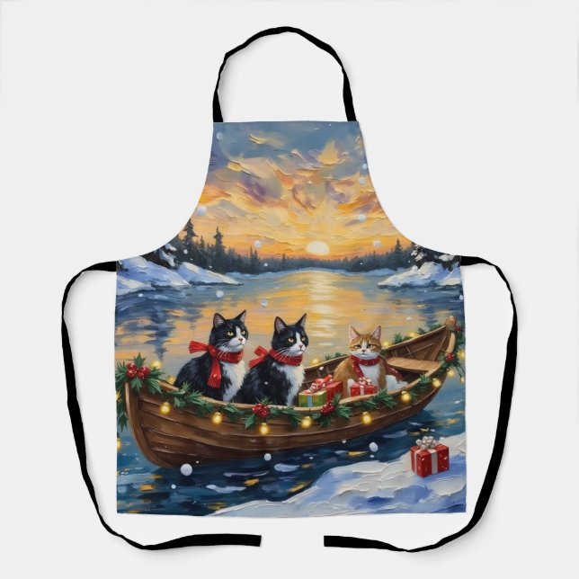 Tuxedo Cat Christmas Boat Holiday Apron (Front)