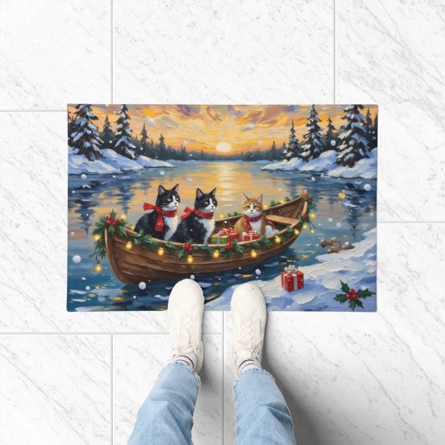 Tuxedo Cat Christmas Boat Holiday Doormat (Indoor)