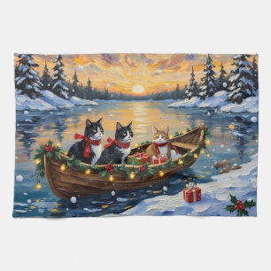 Tuxedo Cat Christmas Boat Holiday Kitchen Towel