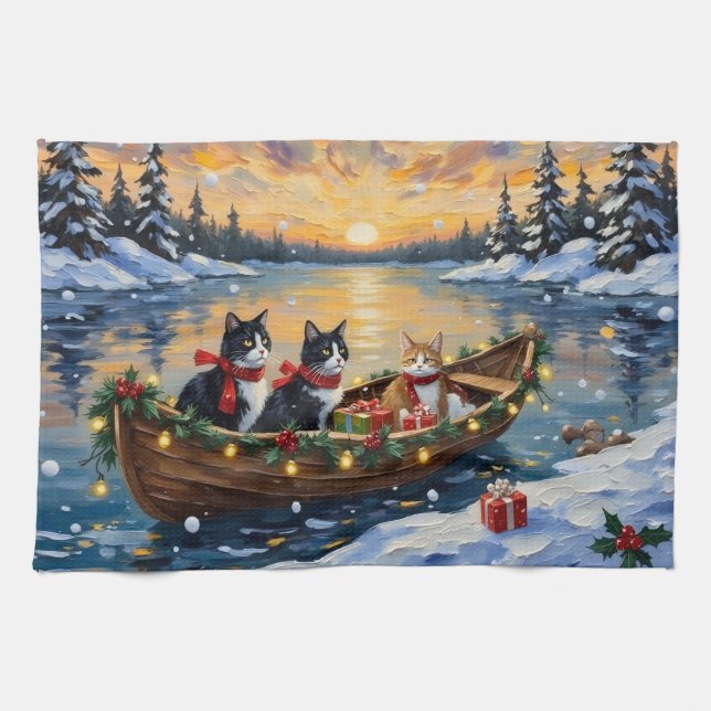 Tuxedo Cat Christmas Boat Holiday Kitchen Towel (Horizontal)