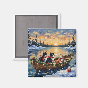Tuxedo Cat Christmas Boat Holiday Magnet