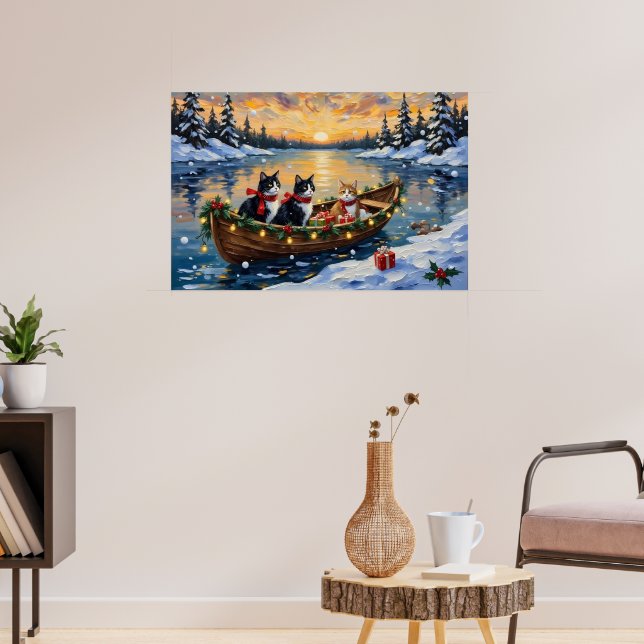 Tuxedo Cat Christmas Boat Holiday Poster (Living Room 3)