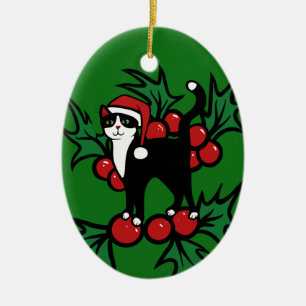 Tuxedo Cat Christmas Ceramic Ornament