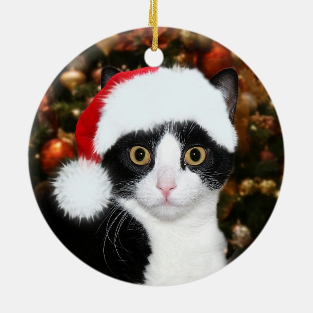 Tuxedo cat Christmas Ceramic Ornament (Back)
