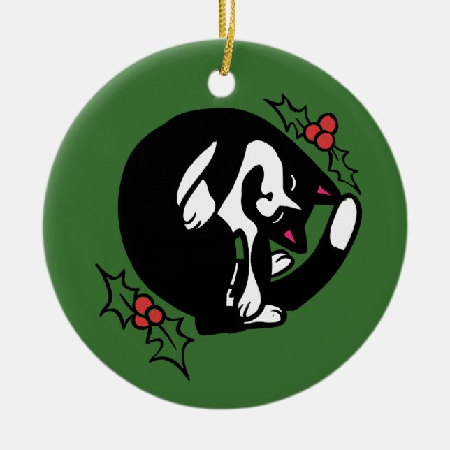 Tuxedo Cat Christmas Ceramic Ornament (Front)