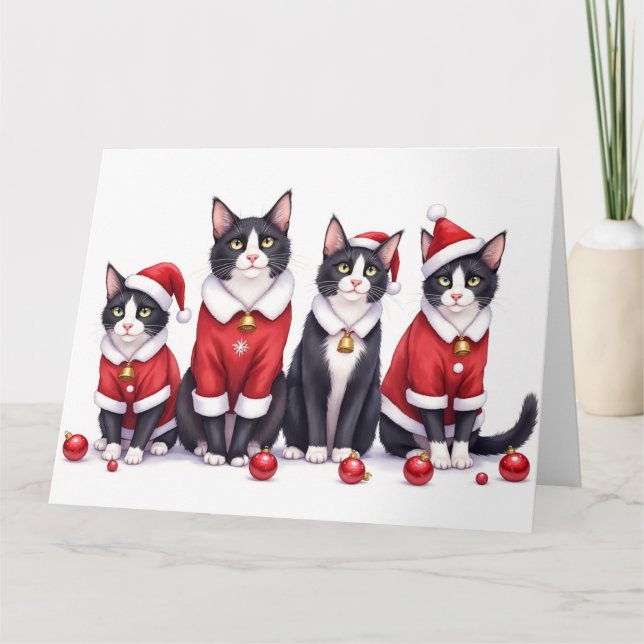 Tuxedo Cat Christmas Dress Santa Hat Card (Front)