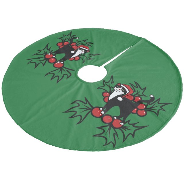 Tuxedo Cat Christmas Fleece Tree Skirt (Angled)