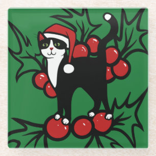 Tuxedo Cat Christmas Glass Coaster