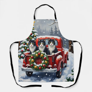 Tuxedo Cat Christmas Red Truck Holiday Apron