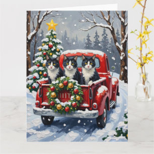 Tuxedo Cat Christmas Red Truck Holiday Card