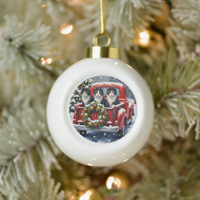 Tuxedo Cat Christmas Red Truck Holiday Ceramic Ball Christmas Ornament (Tree)