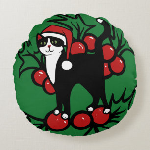Tuxedo Cat Christmas Round Pillow