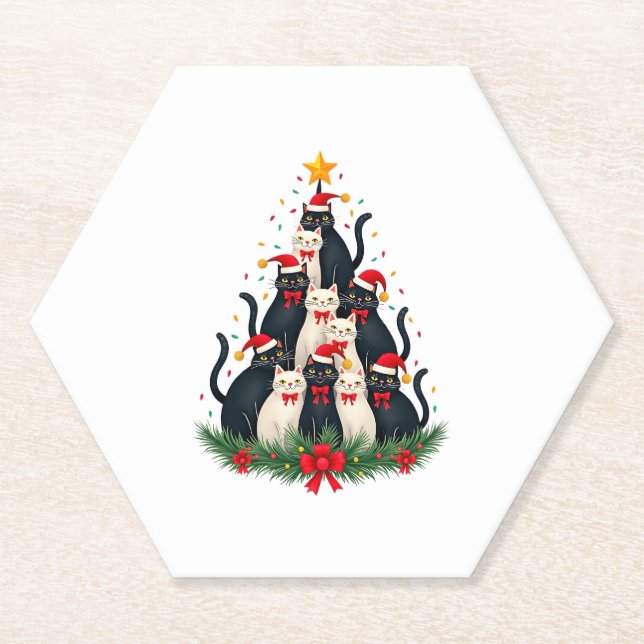 Tuxedo Cat Christmas Tree Tuxedo Cat Lights Xmas M Paper Coaster (Front)