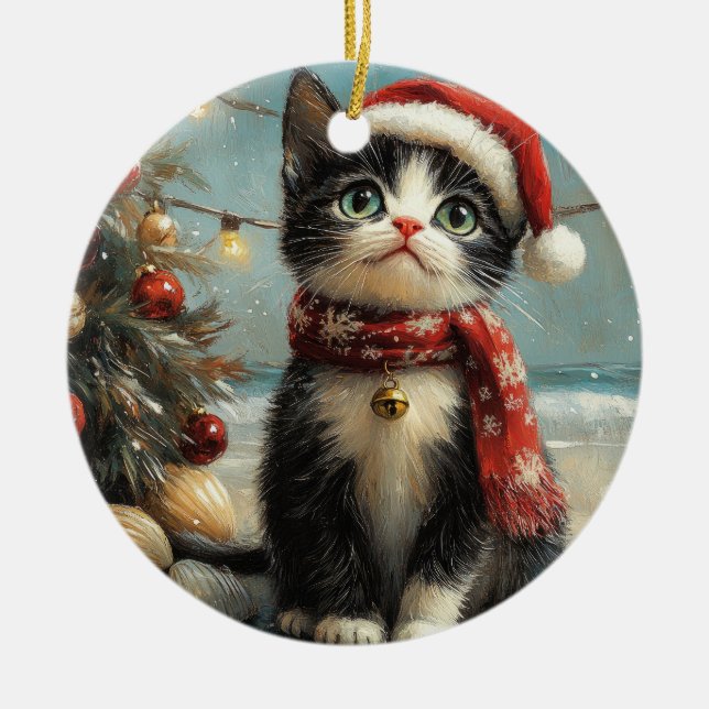Tuxedo Cat Christmas Vintage Beach Ceramic Ornament (Front)