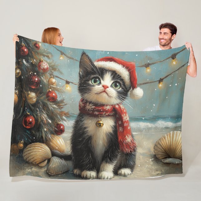 Tuxedo Cat Christmas Vintage Beach Fleece Blanket (In Situ)