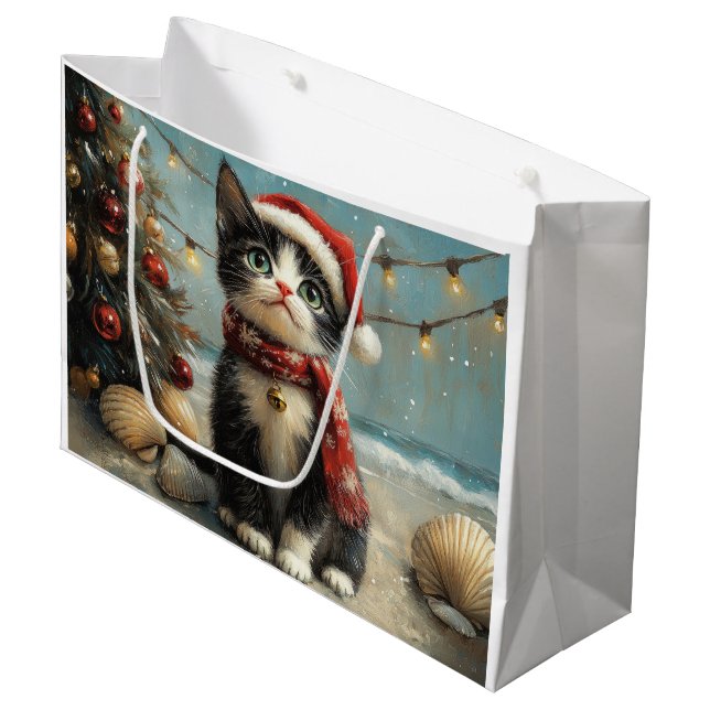 Tuxedo Cat Christmas Vintage Beach Large Gift Bag (Front Angled)