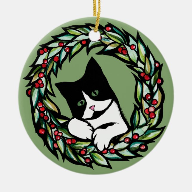 Tuxedo Cat Christmas Yule Holiday Cats Catmas Art  Ceramic Ornament (Front)