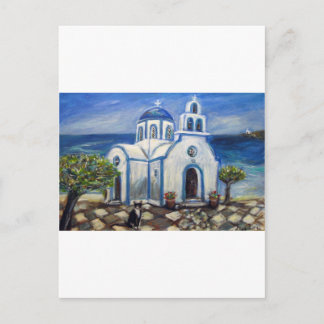 Tuxedo Cat Church on Greek Island painting Postcard
