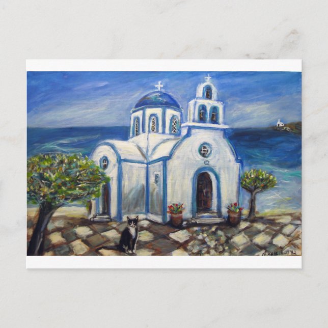 Tuxedo Cat Church on Greek Island painting Postcard (Front)