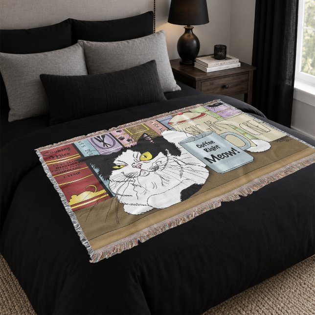 Tuxedo Cat Coffee Lover Funny Kitchen Throw Blanket (Creator Uploaded)