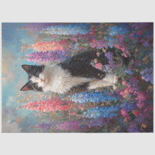 Tuxedo Cat Colourful Lupine Flowers Decoupage Tissue Paper