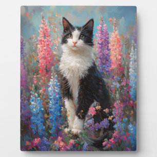 Tuxedo Cat Colourful Lupine Flowers Painting Plaque