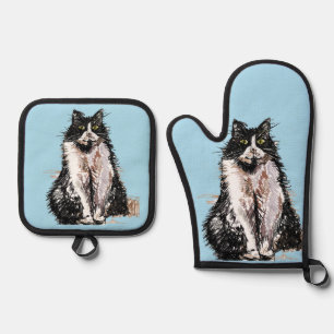 Tuxedo Cat Cute Cats Black White Pastel Orange Oven Mitt & Pot Holder Set