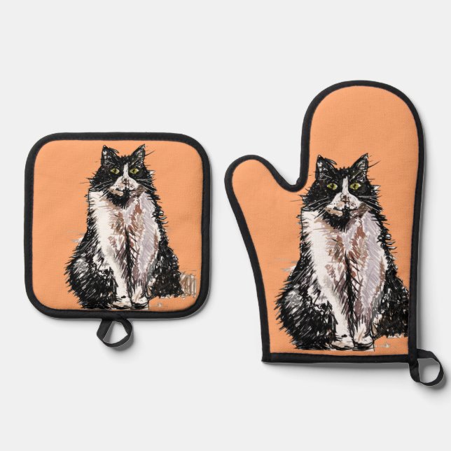 Tuxedo Cat Cute Cats Black White Pastel Orange Oven Mitt & Pot Holder Set (Front)