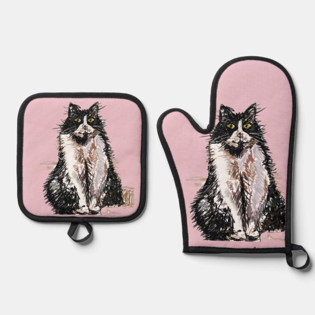 Tuxedo Cat Cute Cats Black White Pastel Pink Oven Mitt & Pot Holder Set (Front)