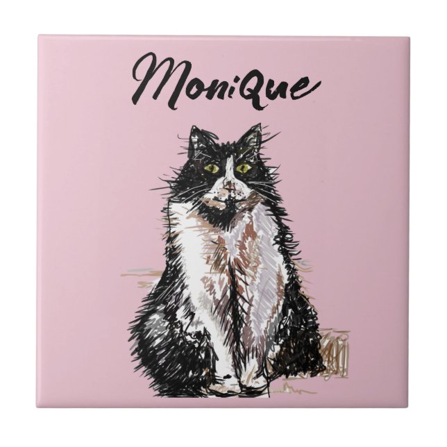 Tuxedo Cat Cute Cats Black White Pastel Pink Tile (Front)
