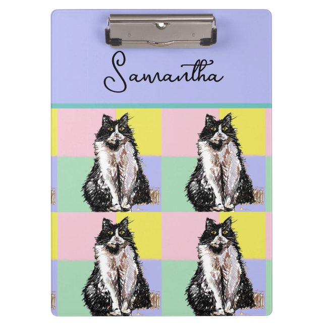 Tuxedo Cat Cute Cats Black White Pastel Rainbow Clipboard (Front)